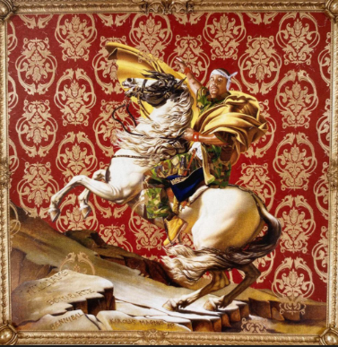 Kehinde Wiley, Napoleon Leading the Army over the Alps, rider on rearing horse.